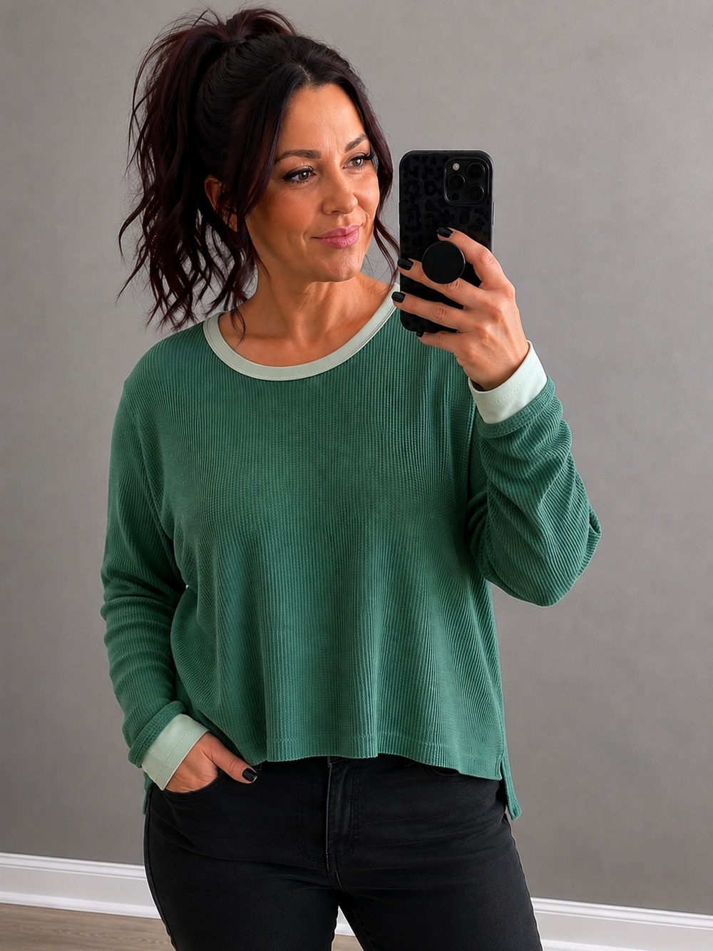 American Eagle Green Waffle Knit Long Sleeve Thermal Top XL